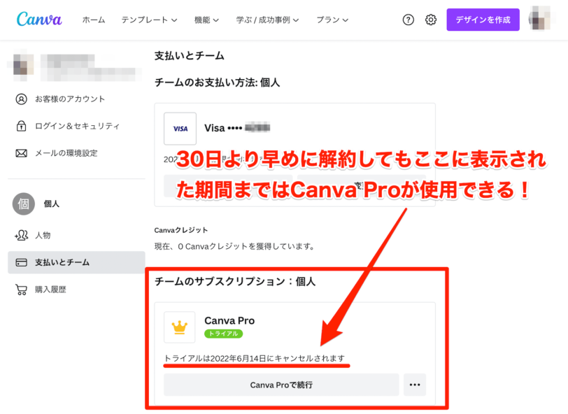 Canva Proまたは無料トライアルを解約した後の「支払いとチーム」の画面